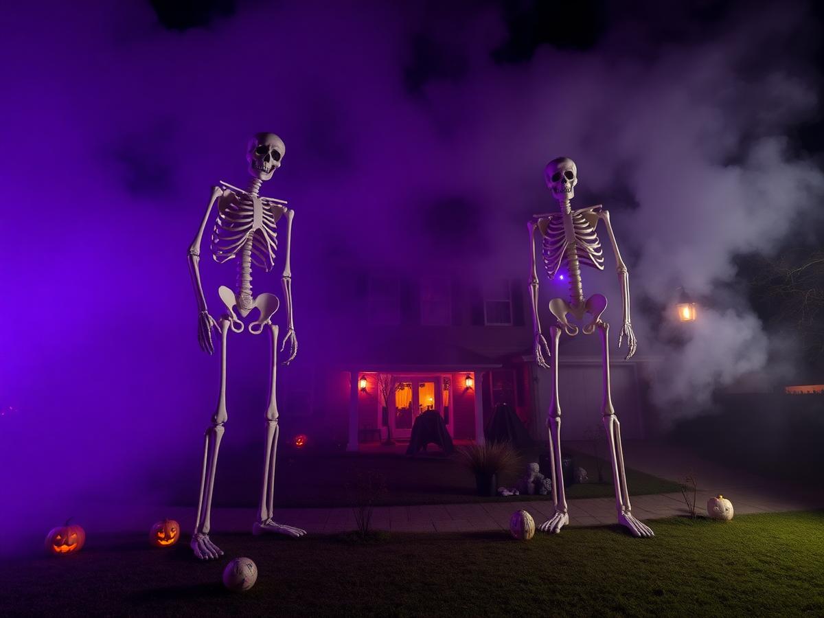 Dual 12-foot skeletons with purple fog